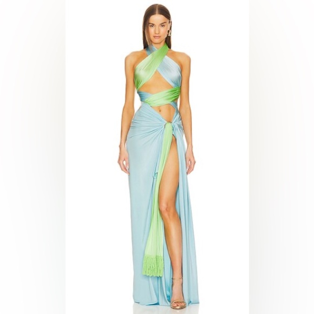 Bronx & Banco Light Green and Blue Cleopatra Fringe Embellished Gown XS